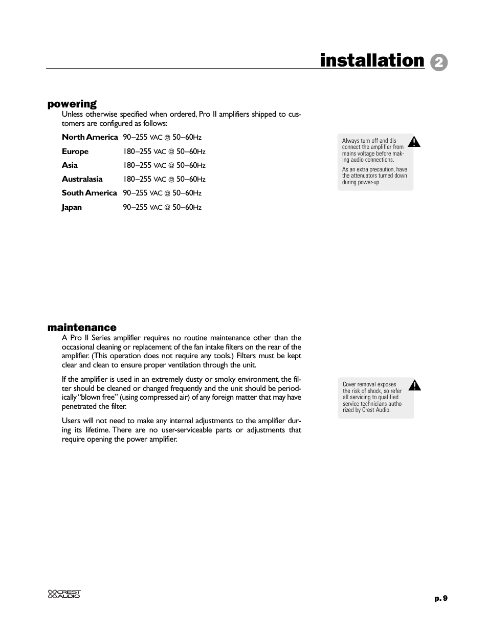 Installation, Powering, Maintenance | Peavey 8002 User Manual | Page 11 / 42