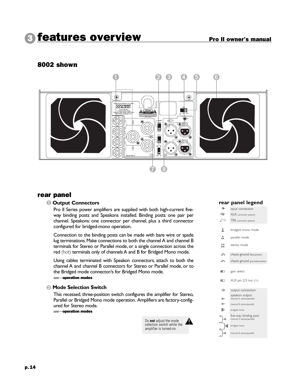 Features overview, Rear panel, 8002 shown | Pro ii owner’s manual, Output connectors, Mode selection switch, Rear panel legend, P. 14 | Peavey 8002 User Manual | Page 16 / 42