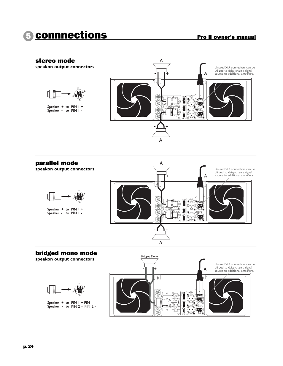 Connnections, Stereo mode, Parallel mode | Bridged mono mode | Peavey 8002 User Manual | Page 26 / 42