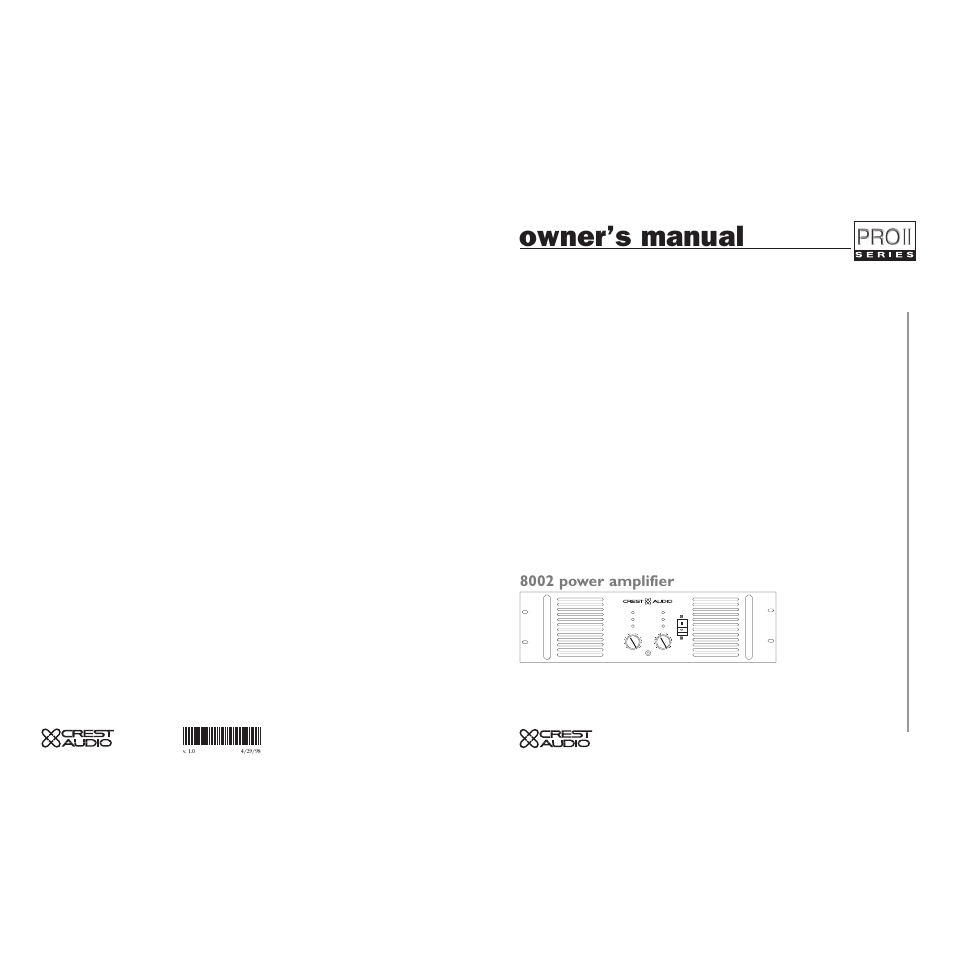 Owner’s manual, 8002 power amplifier | Peavey 8002 User Manual | Page 42 / 42