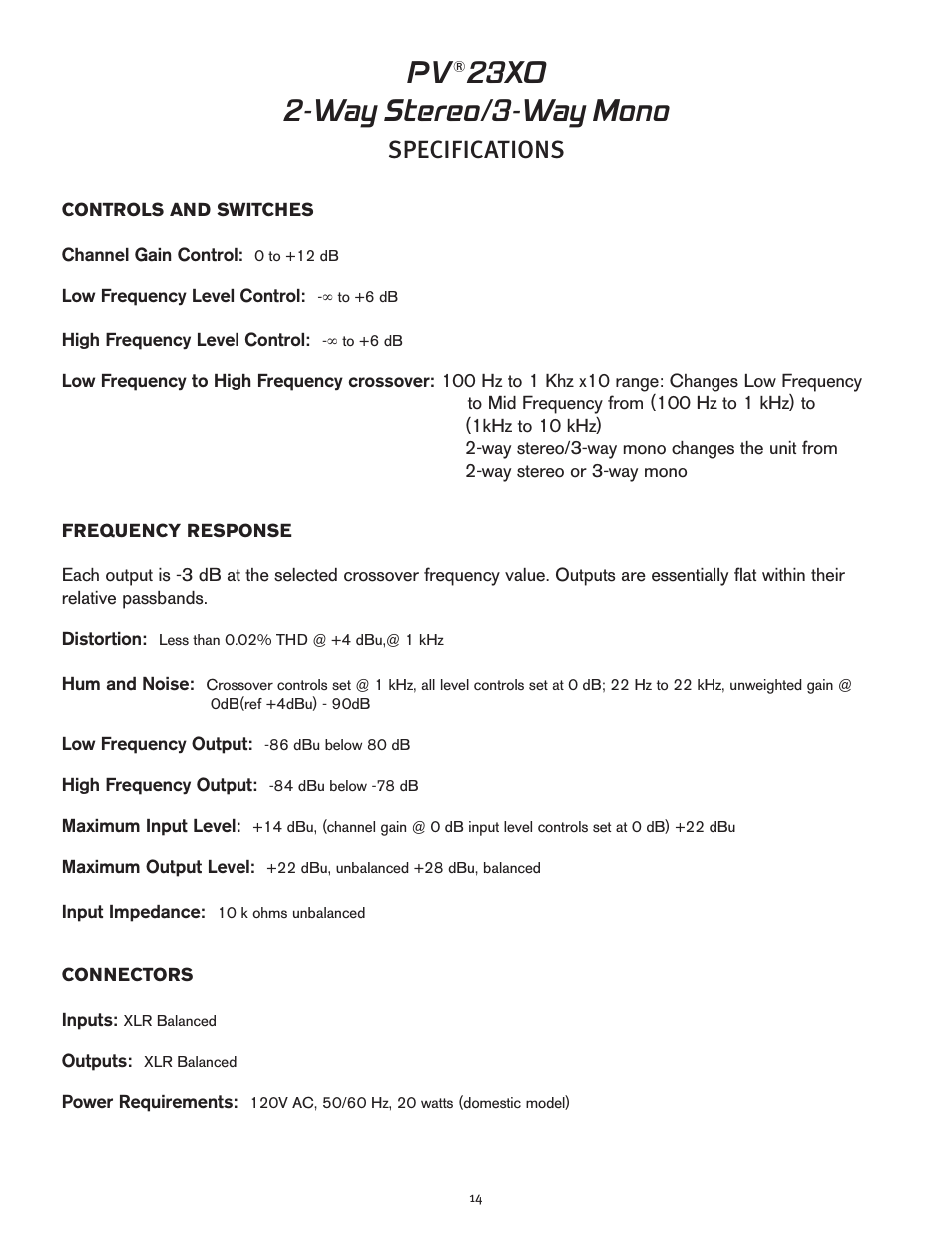 23xo 2-way stereo/3-way mono, Specifications | Peavey 23XO User Manual | Page 14 / 40