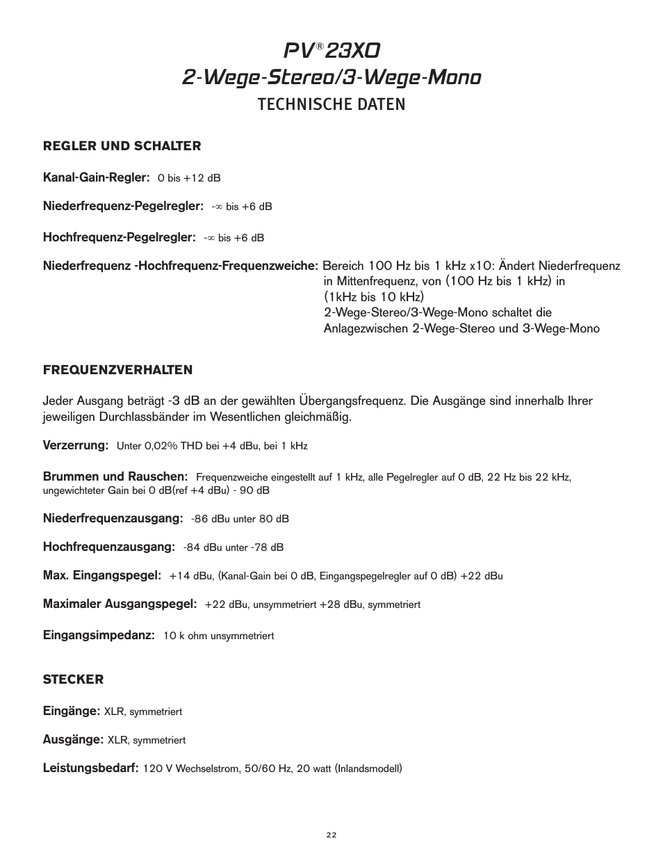 23xo 2-wege-stereo/3-wege-mono, Technische daten | Peavey 23XO User Manual | Page 22 / 40