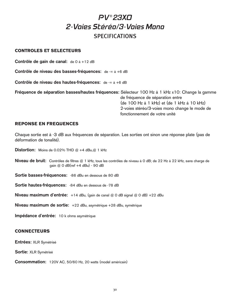 23xo 2-voies stéréo/3-voies mono, Specifications | Peavey 23XO User Manual | Page 30 / 40