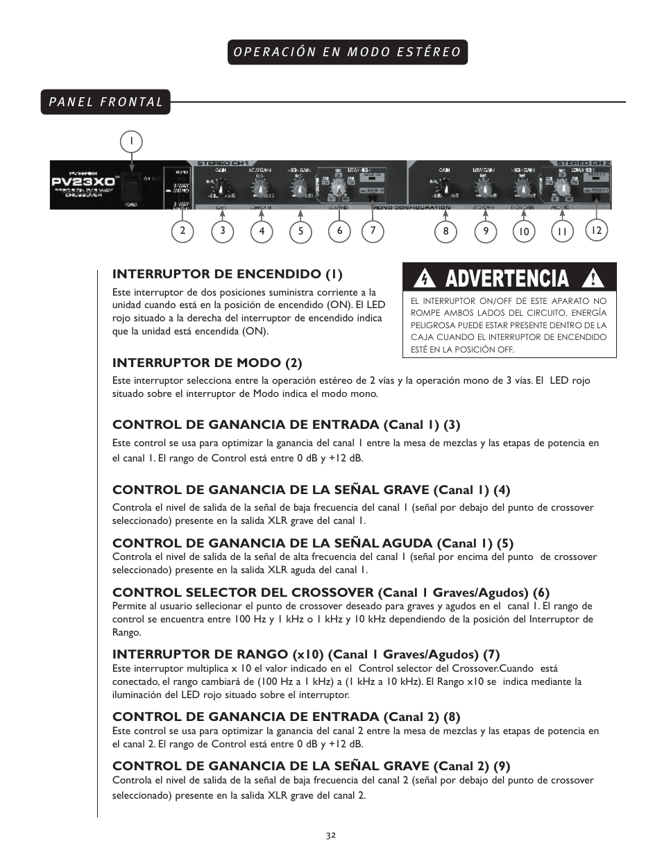 Advertencia | Peavey 23XO User Manual | Page 32 / 40