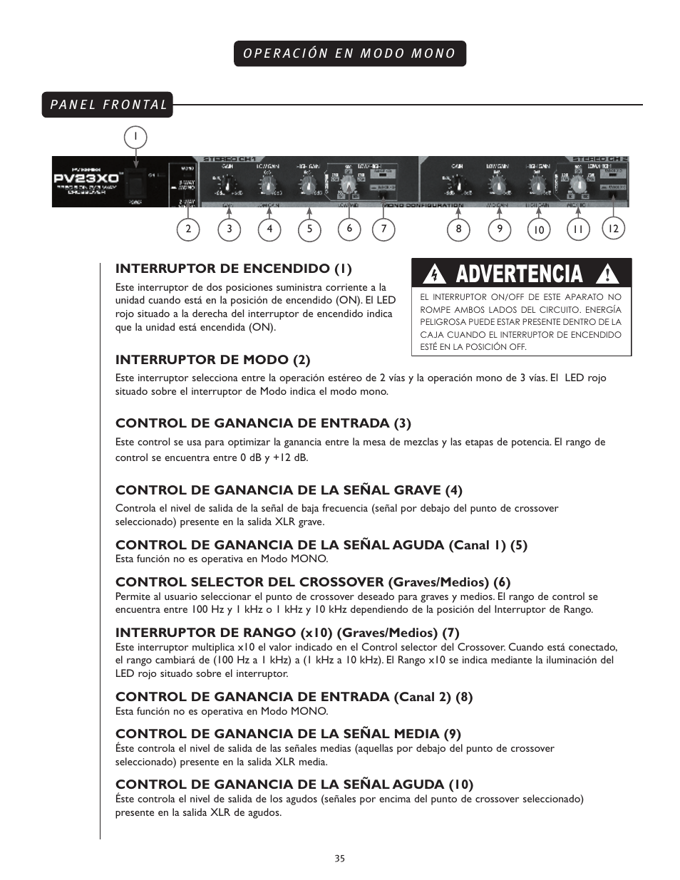 Advertencia | Peavey 23XO User Manual | Page 35 / 40