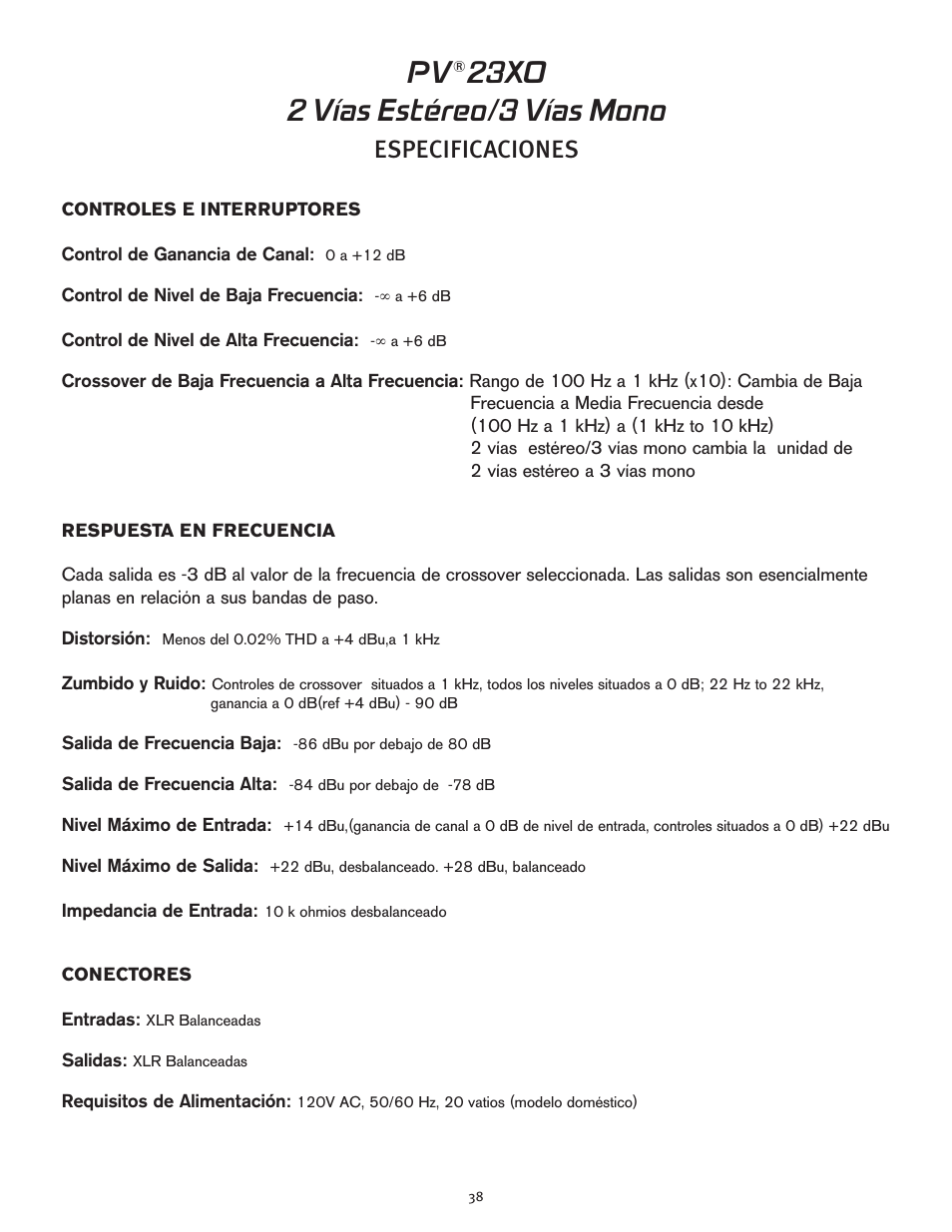 23xo 2 vías estéreo/3 vías mono, Especificaciones | Peavey 23XO User Manual | Page 38 / 40