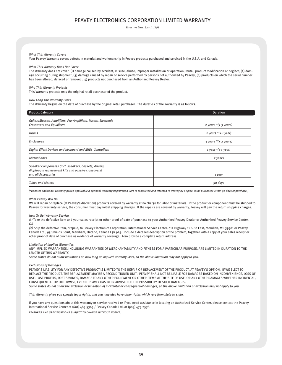 Peavey electronics corporation limited warranty | Peavey 23XO User Manual | Page 39 / 40