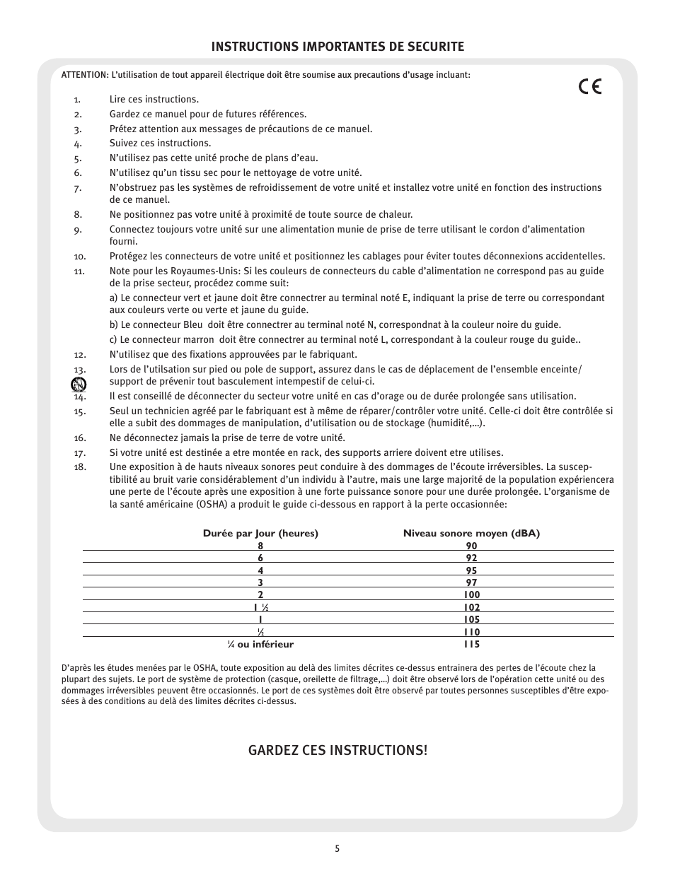 Gardez ces instructions, Instructions importantes de securite | Peavey 23XO User Manual | Page 5 / 40