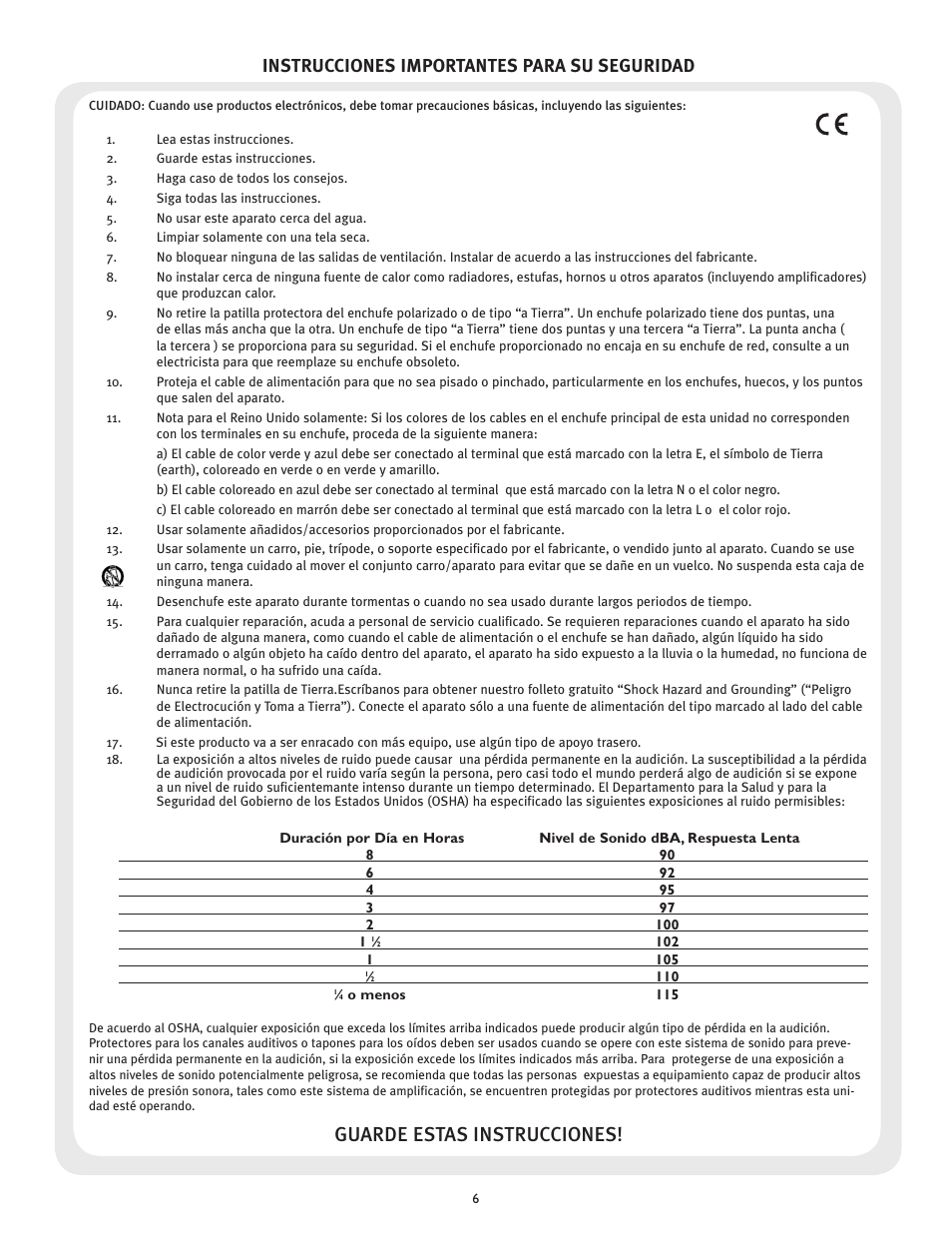 Guarde estas instrucciones, Instrucciones importantes para su seguridad | Peavey 23XO User Manual | Page 6 / 40