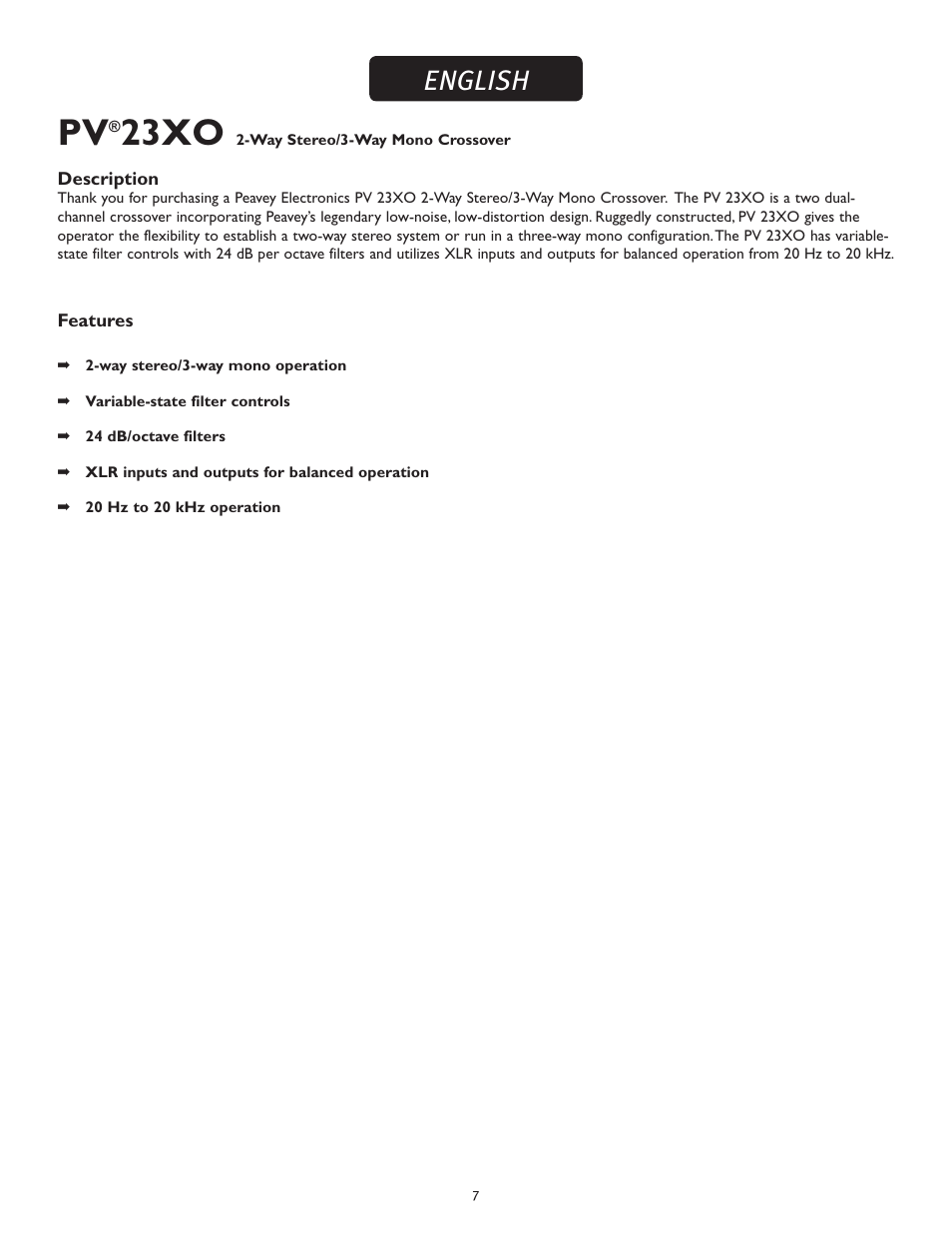 23xo, English | Peavey 23XO User Manual | Page 7 / 40