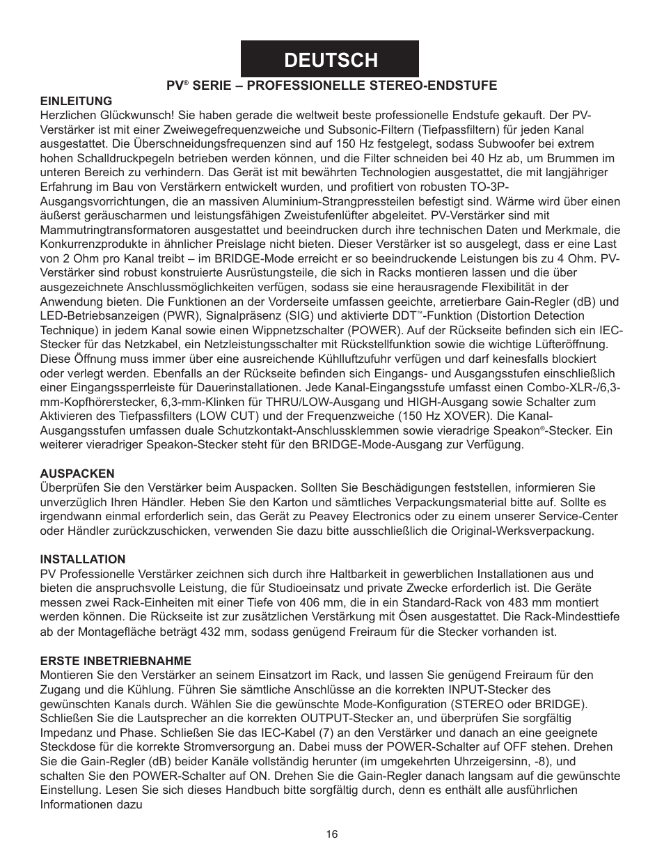 Deutsch | Peavey PV Series User Manual | Page 16 / 40