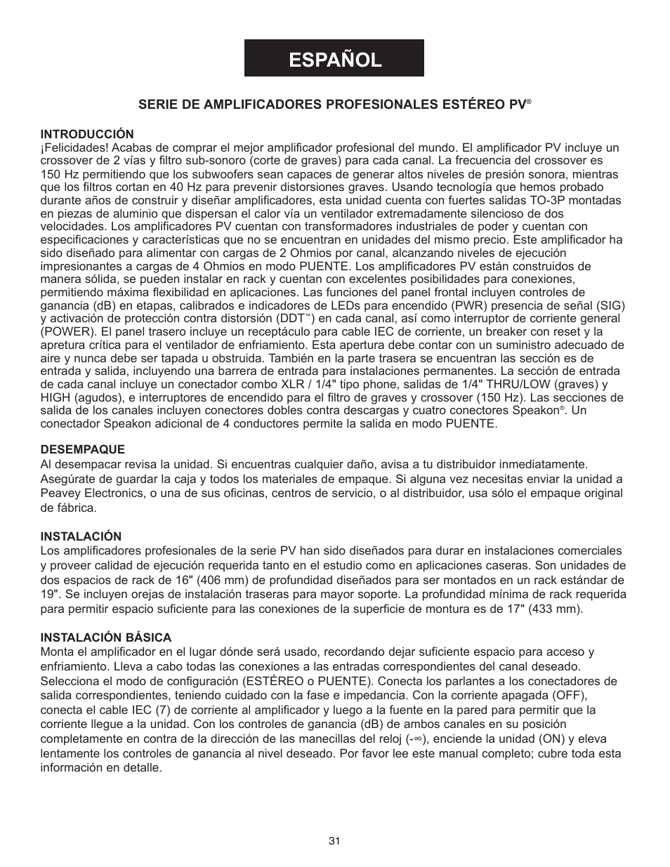Español | Peavey PV Series User Manual | Page 31 / 40