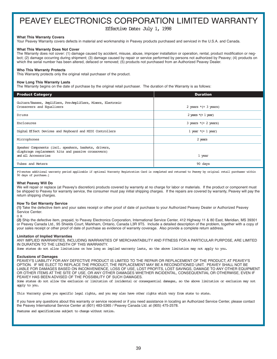 Peavey electronics corporation limited warranty | Peavey PV Series User Manual | Page 39 / 40