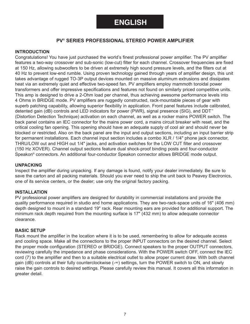 English | Peavey PV Series User Manual | Page 7 / 40