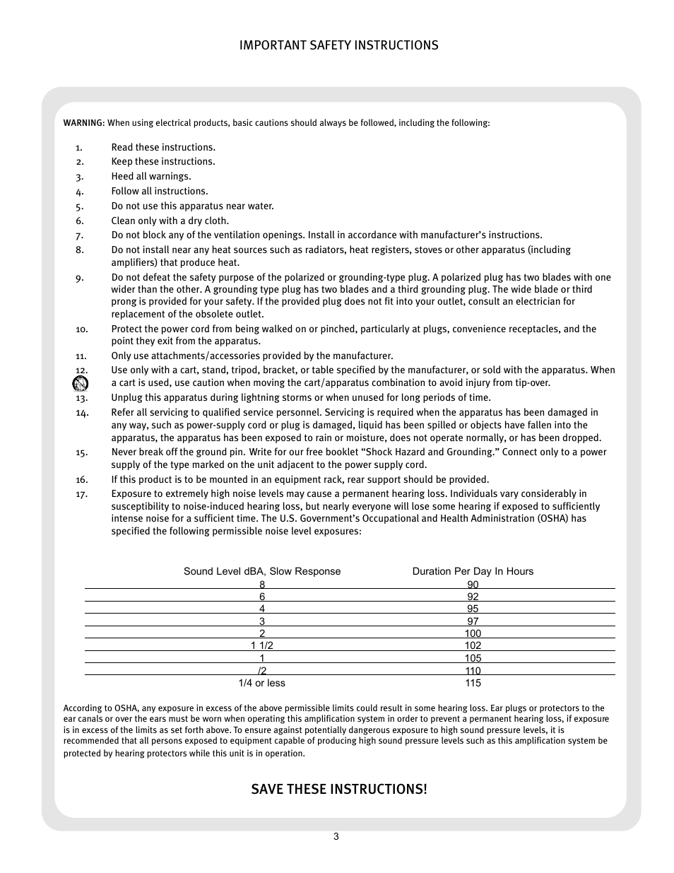 Save these instructions, Important safety instructions | Peavey XR 684F User Manual | Page 3 / 64