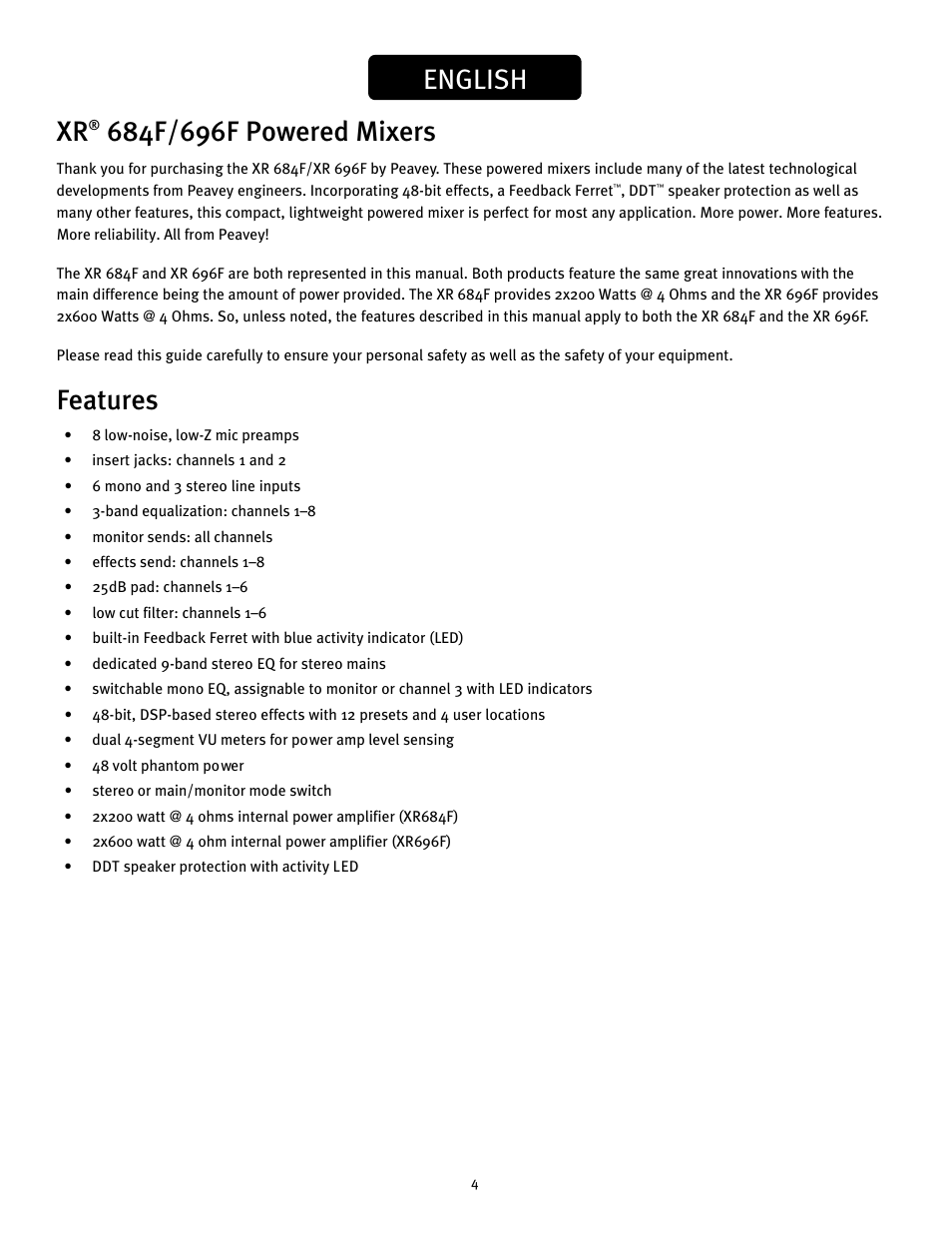 English, Features | Peavey XR 684F User Manual | Page 4 / 64