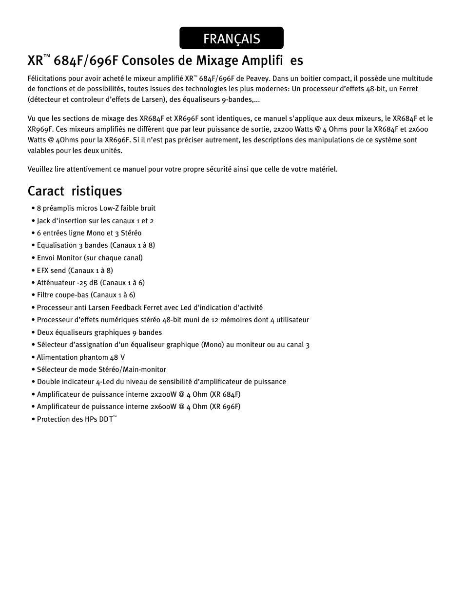Français xr, Caractéristiques | Peavey XR 684F User Manual | Page 49 / 64