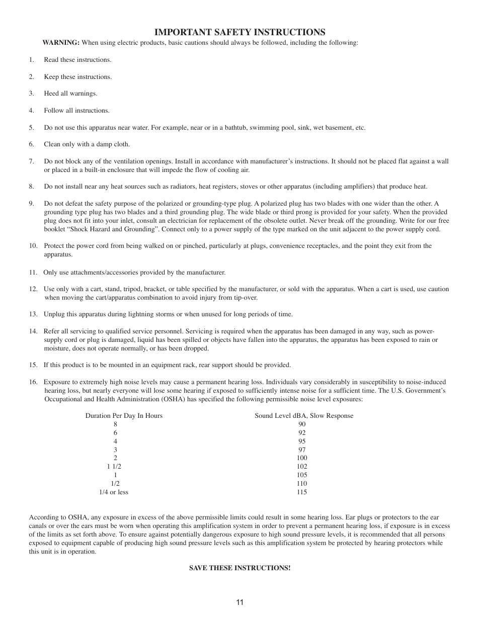 Important safety instructions | Peavey TransChorus 210 User Manual | Page 11 / 32