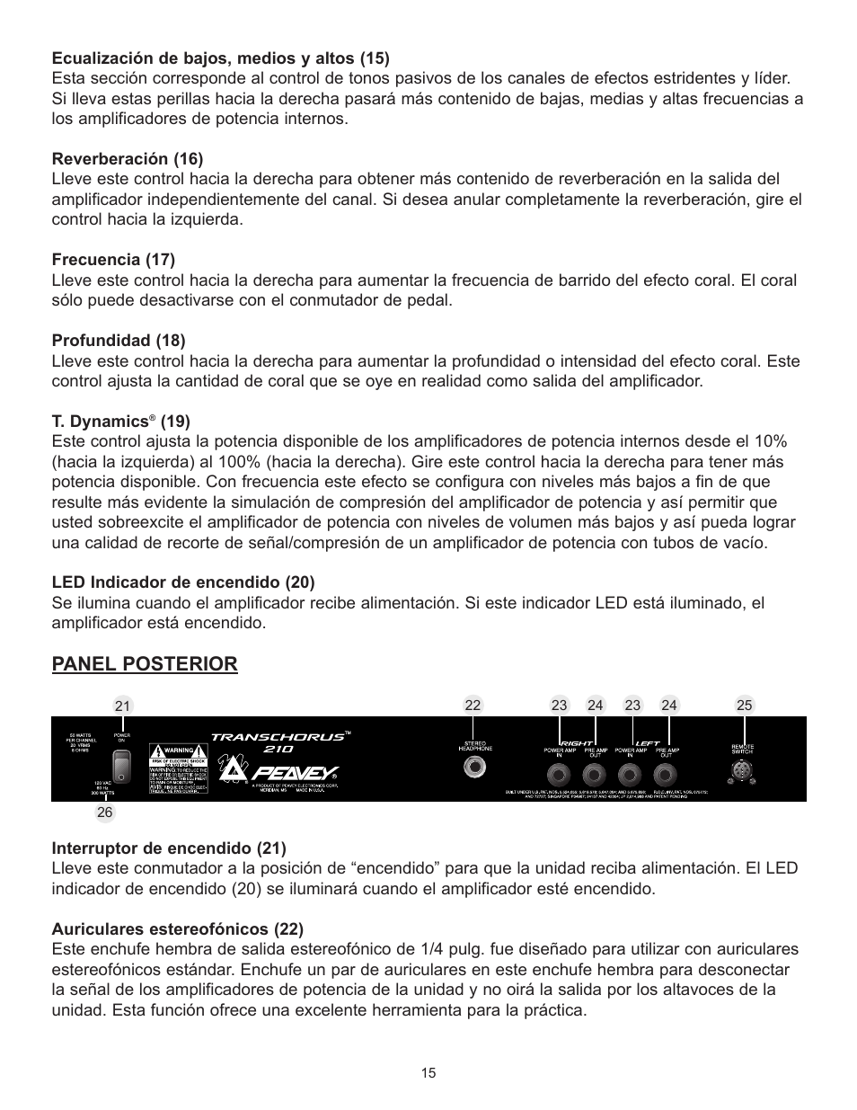 Panel posterior | Peavey TransChorus 210 User Manual | Page 15 / 32