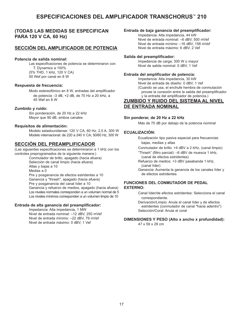 Especificaciones del amplificador transchorus | Peavey TransChorus 210 User Manual | Page 17 / 32
