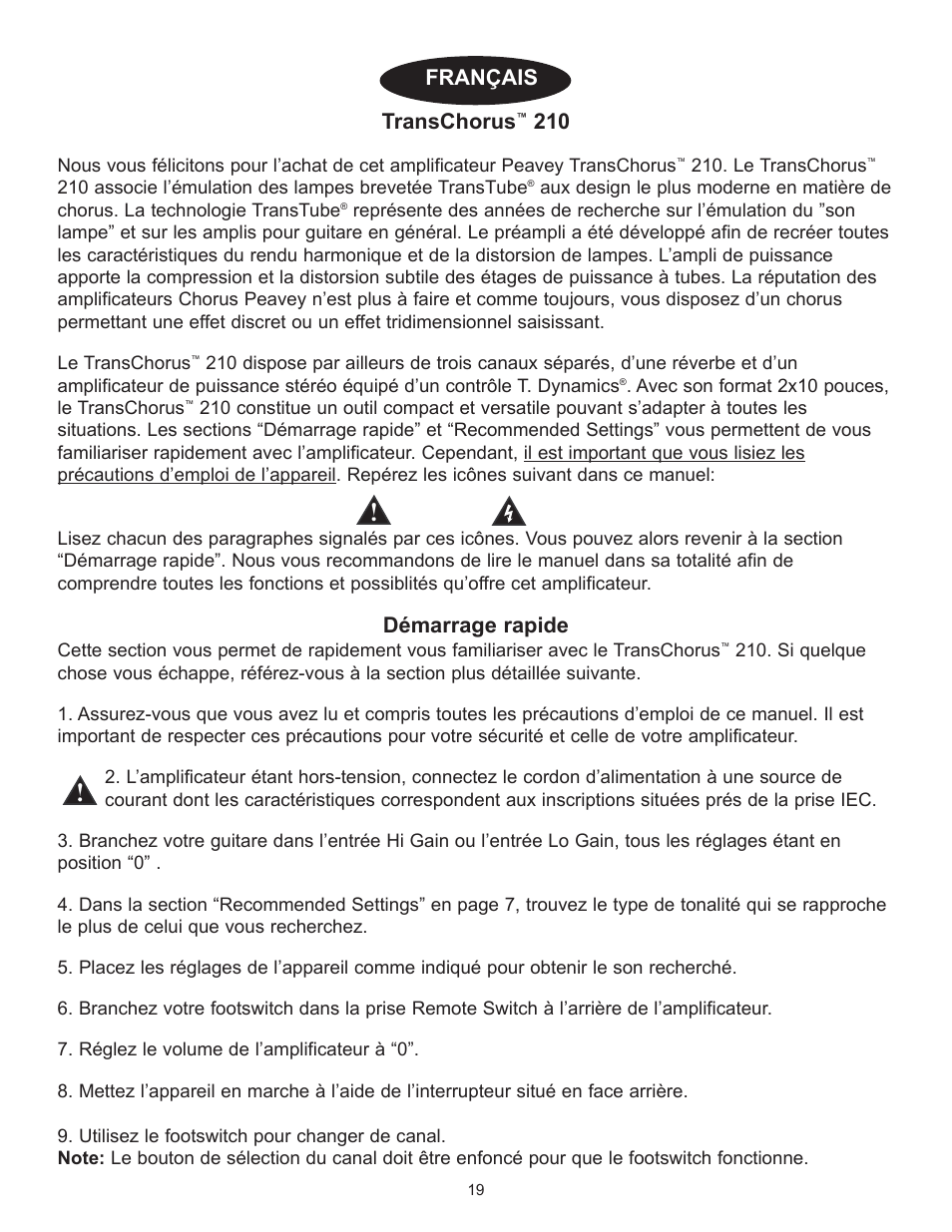 Transchorus, Džmarrage rapide, Fran‚ais | Peavey TransChorus 210 User Manual | Page 19 / 32