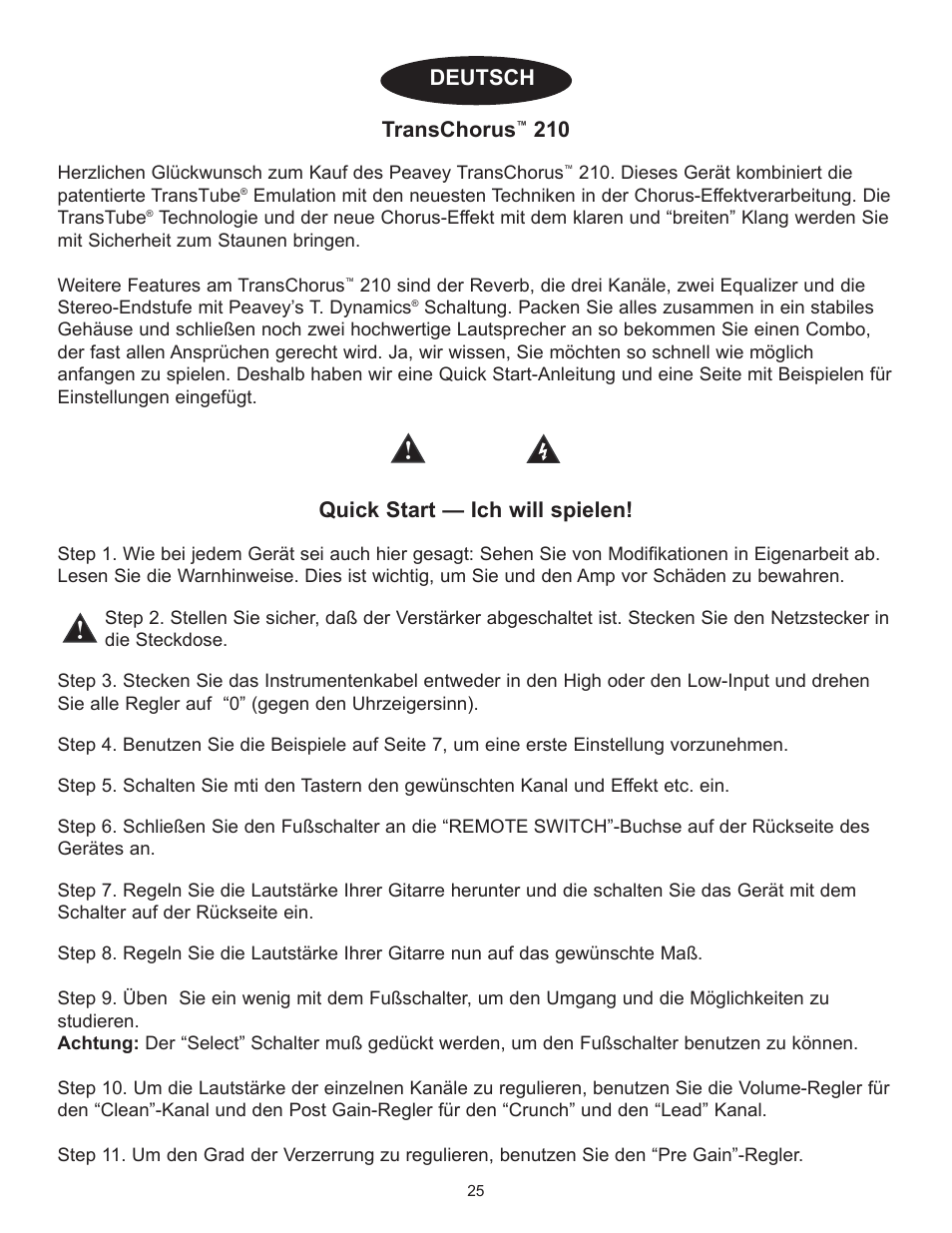 Transchorus, Quick start ñ ich will spielen, Deutsch | Peavey TransChorus 210 User Manual | Page 25 / 32