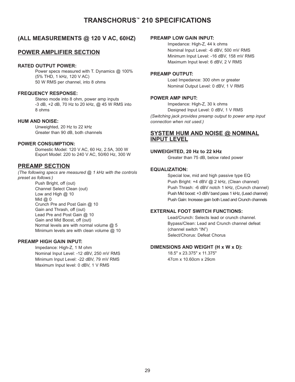 Transchorus, 210 specifications | Peavey TransChorus 210 User Manual | Page 29 / 32