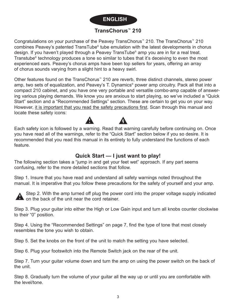 Transchorus, Quick start ñ i just want to play, English | Peavey TransChorus 210 User Manual | Page 3 / 32