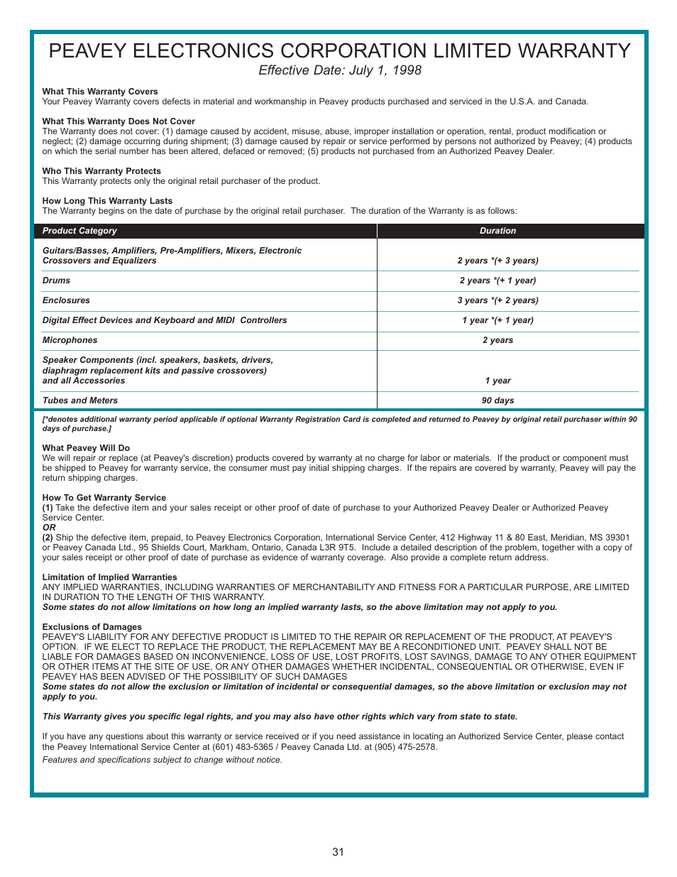 Peavey electronics corporation limited warranty | Peavey TransChorus 210 User Manual | Page 31 / 32