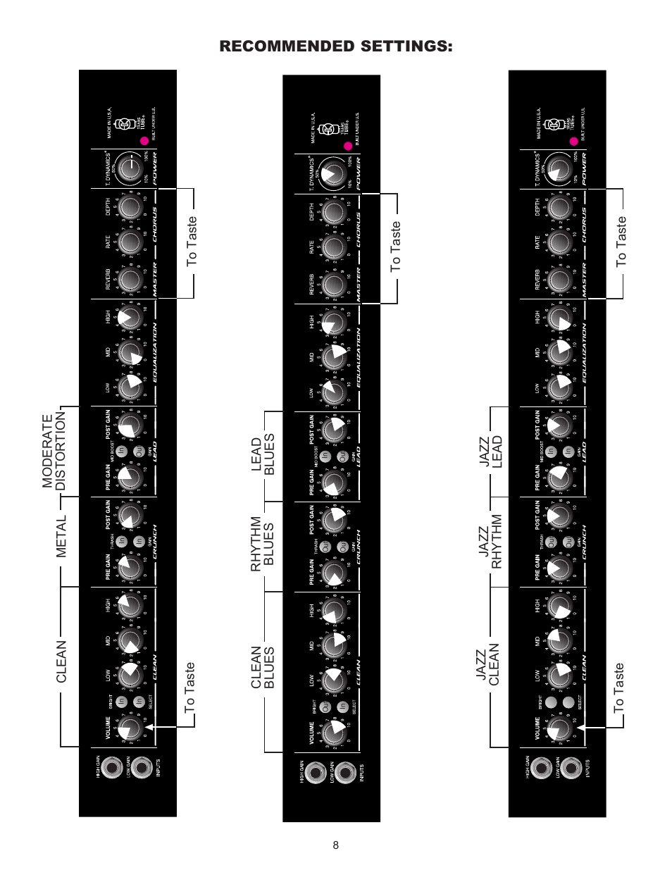 Recommended settings, Clean metal moderate distortion, Clean blues to taste | Peavey TransChorus 210 User Manual | Page 8 / 32