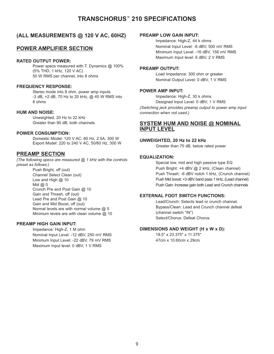 Transchorus, 210 specifications | Peavey TransChorus 210 User Manual | Page 9 / 32