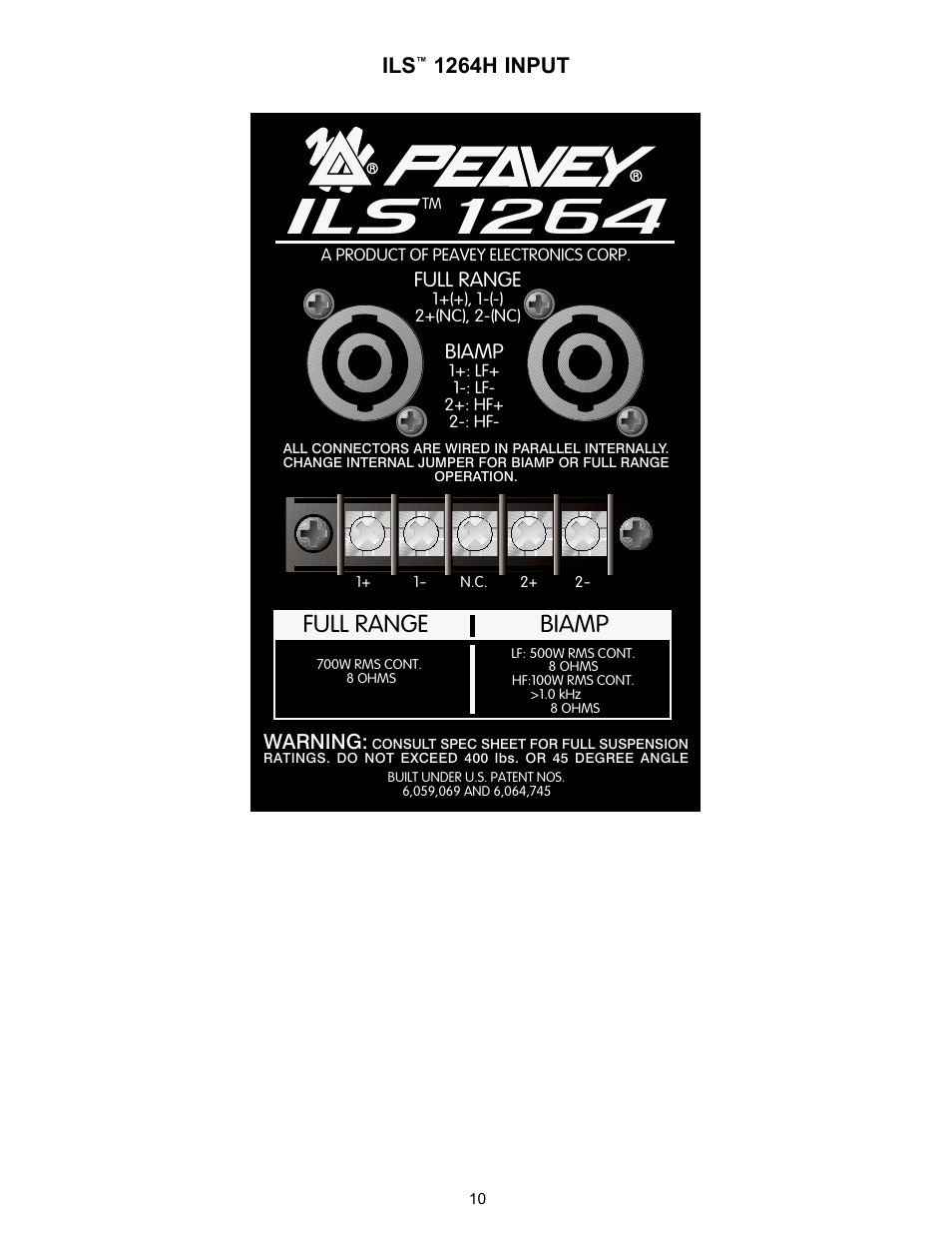 Ils 1264, Full range biamp, 1264h input | Peavey ILS 1264 H User Manual | Page 10 / 12