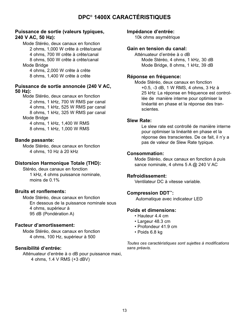 1400x caractéristiques | Peavey DPC 1400X User Manual | Page 13 / 28