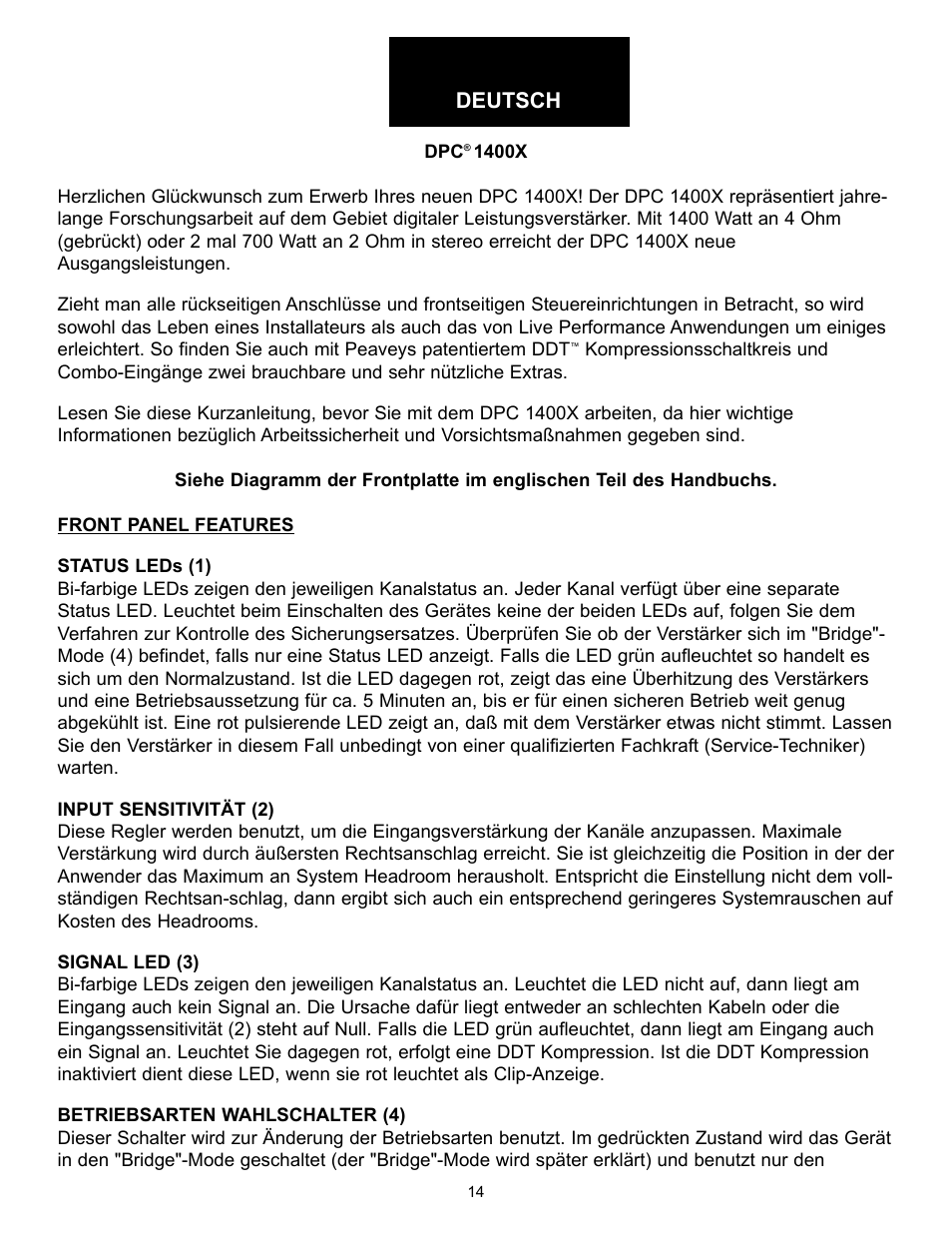 Deutsch | Peavey DPC 1400X User Manual | Page 14 / 28