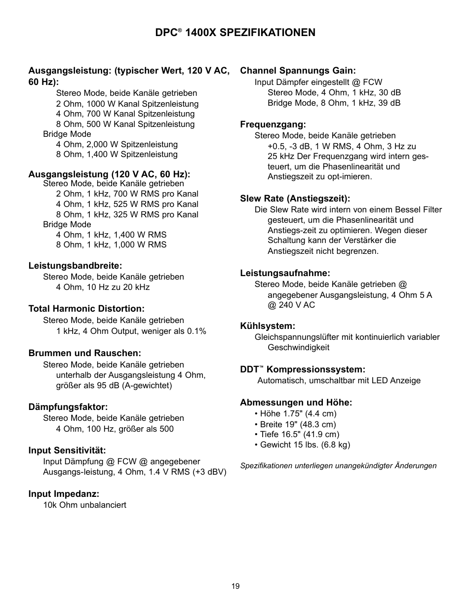 1400x spezifikationen | Peavey DPC 1400X User Manual | Page 19 / 28