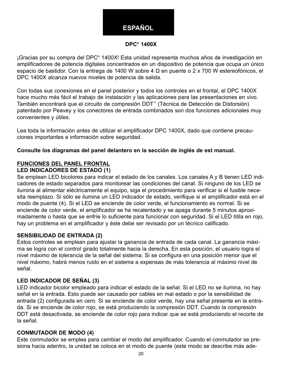 Español | Peavey DPC 1400X User Manual | Page 20 / 28