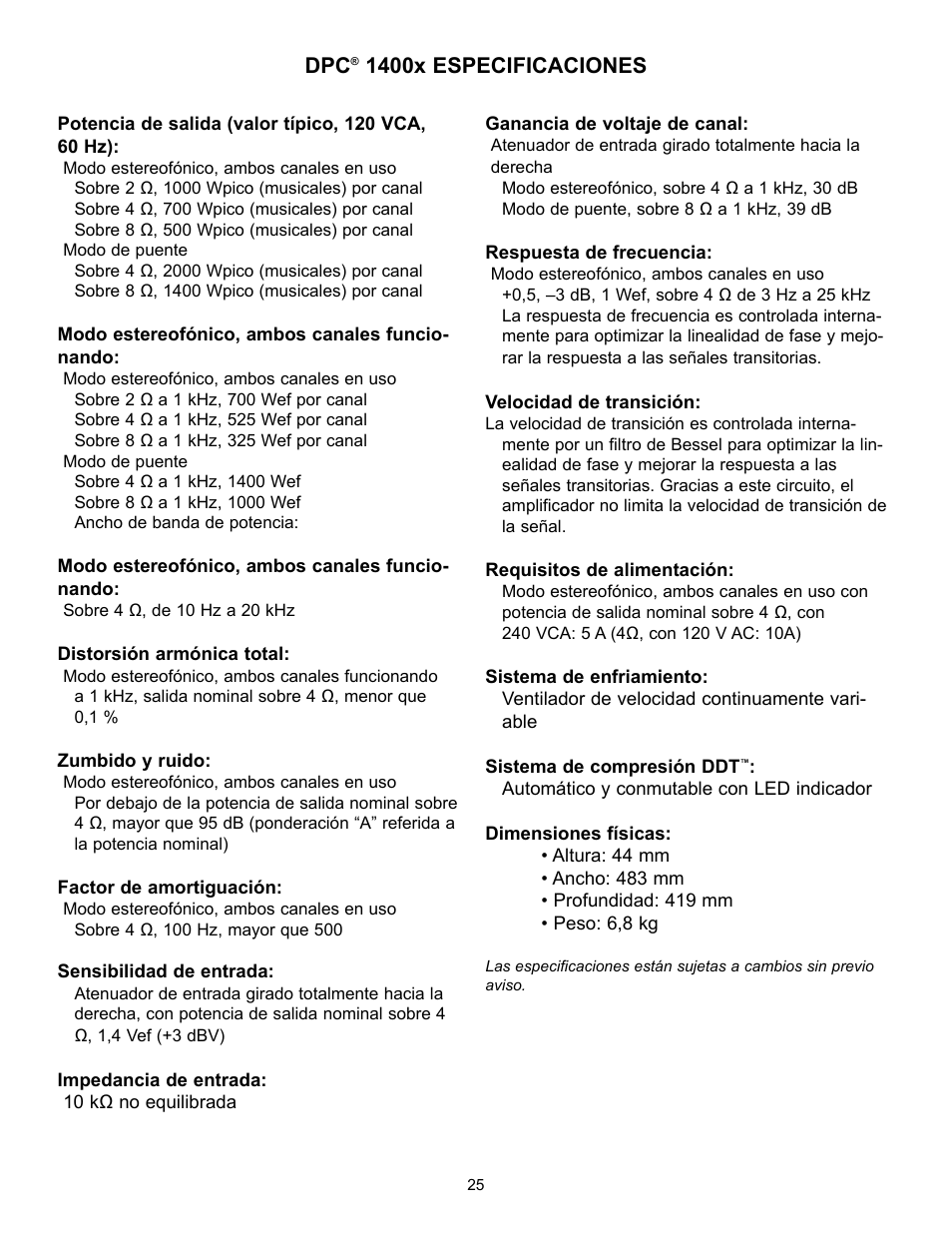 1400x especificaciones | Peavey DPC 1400X User Manual | Page 25 / 28