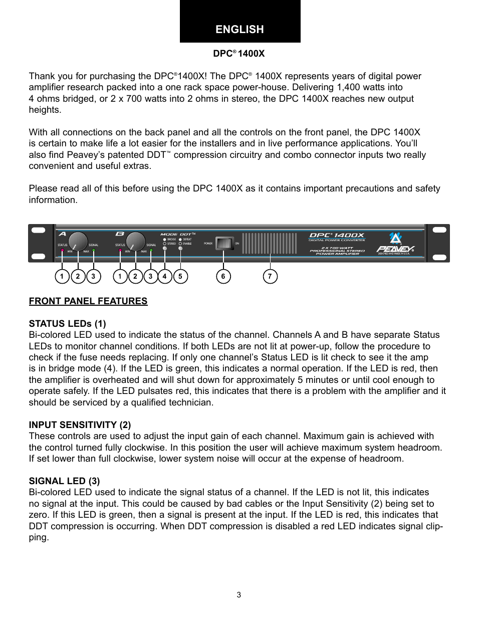 English | Peavey DPC 1400X User Manual | Page 3 / 28