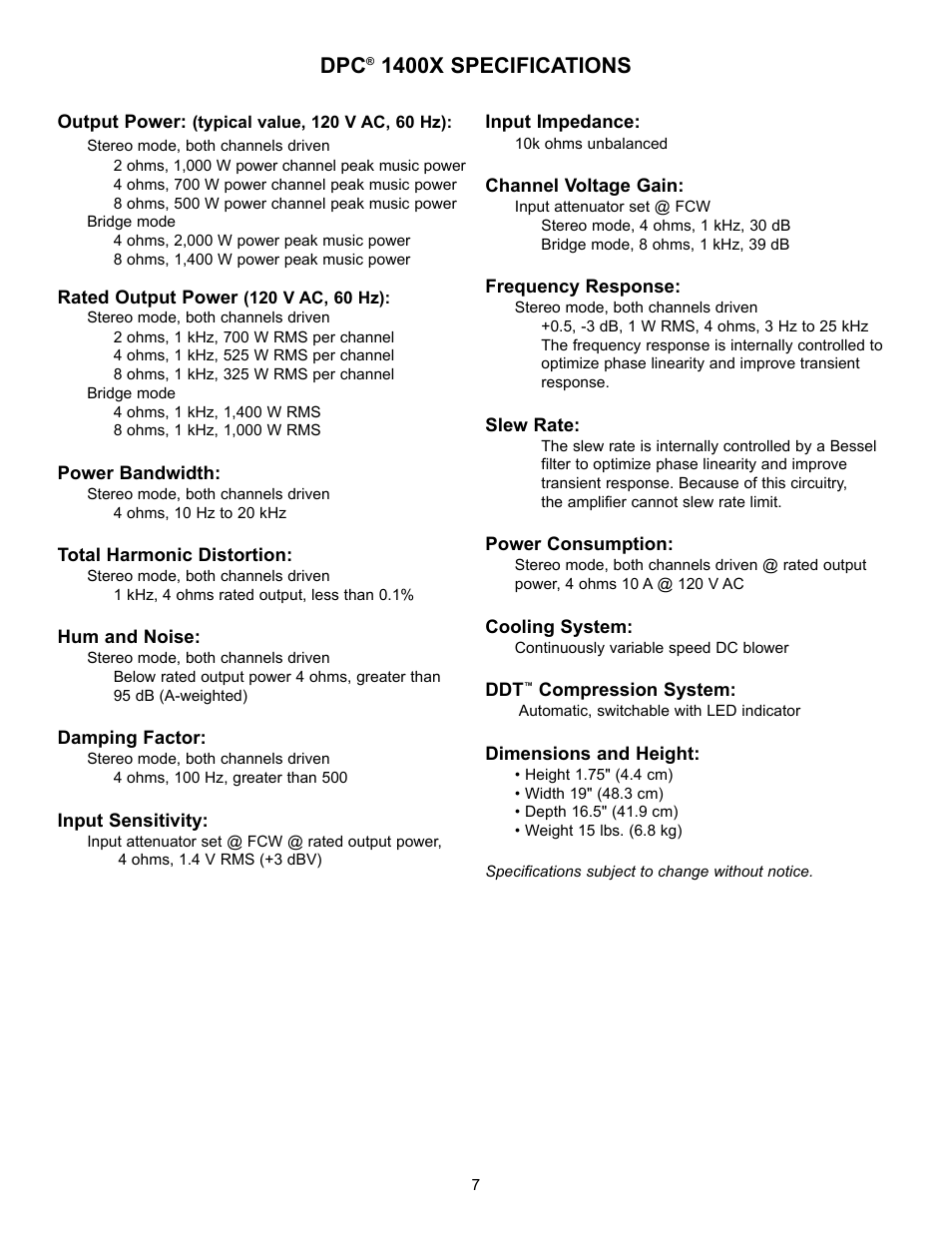 1400x specifications | Peavey DPC 1400X User Manual | Page 7 / 28