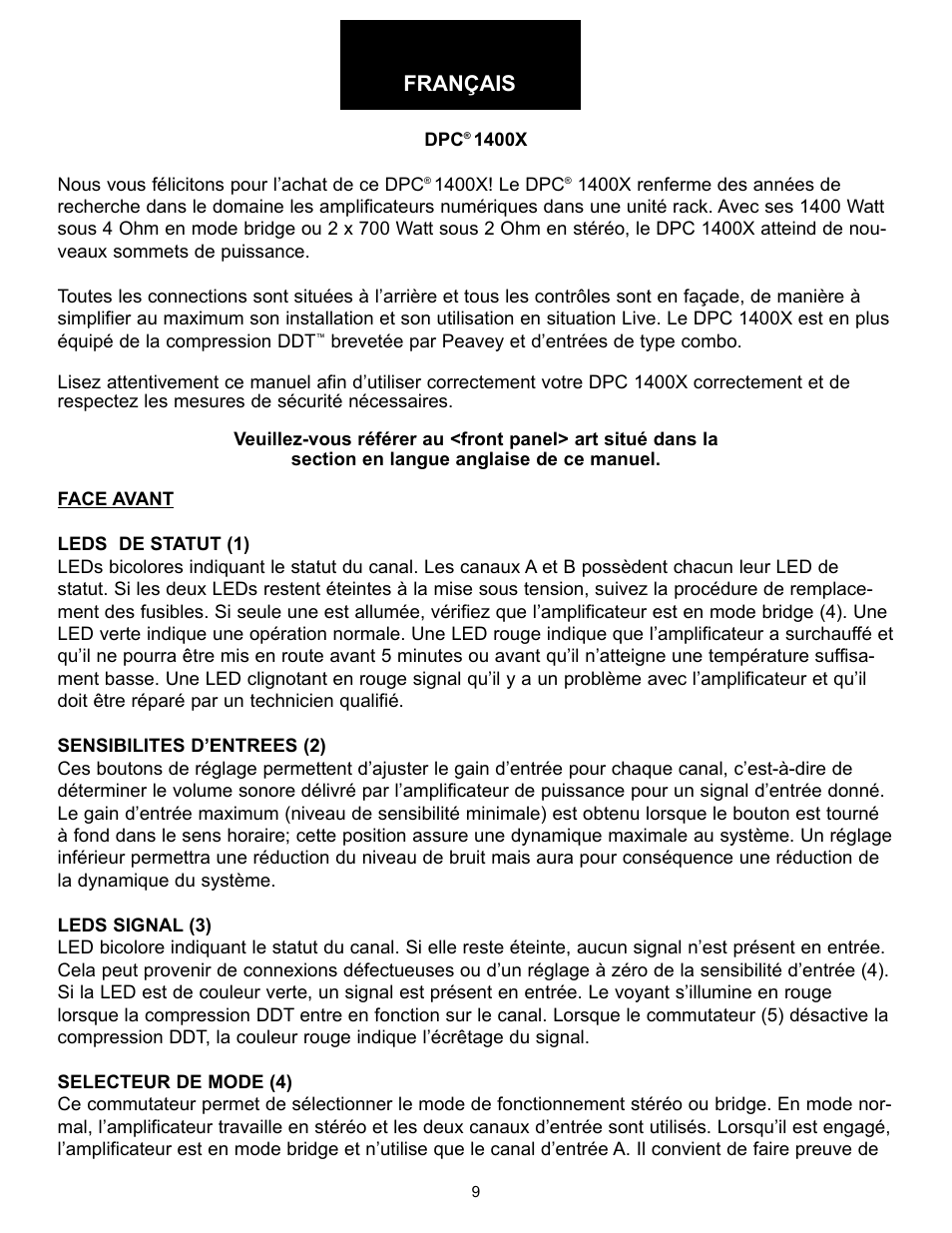 Français | Peavey DPC 1400X User Manual | Page 9 / 28