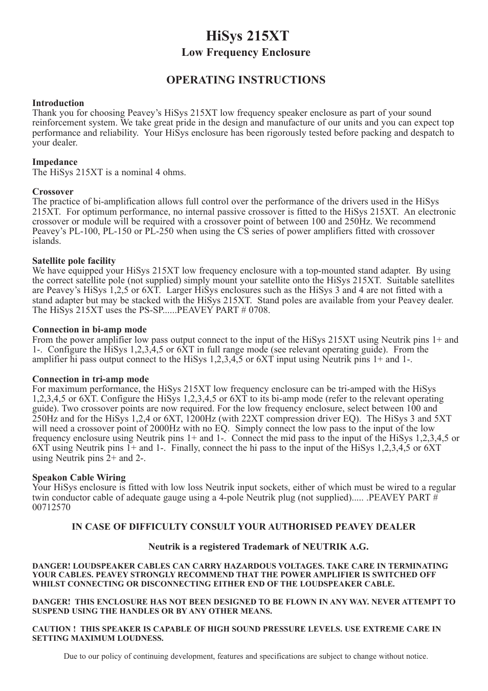 Hisys 215xt | Peavey 215XT User Manual | Page 2 / 6
