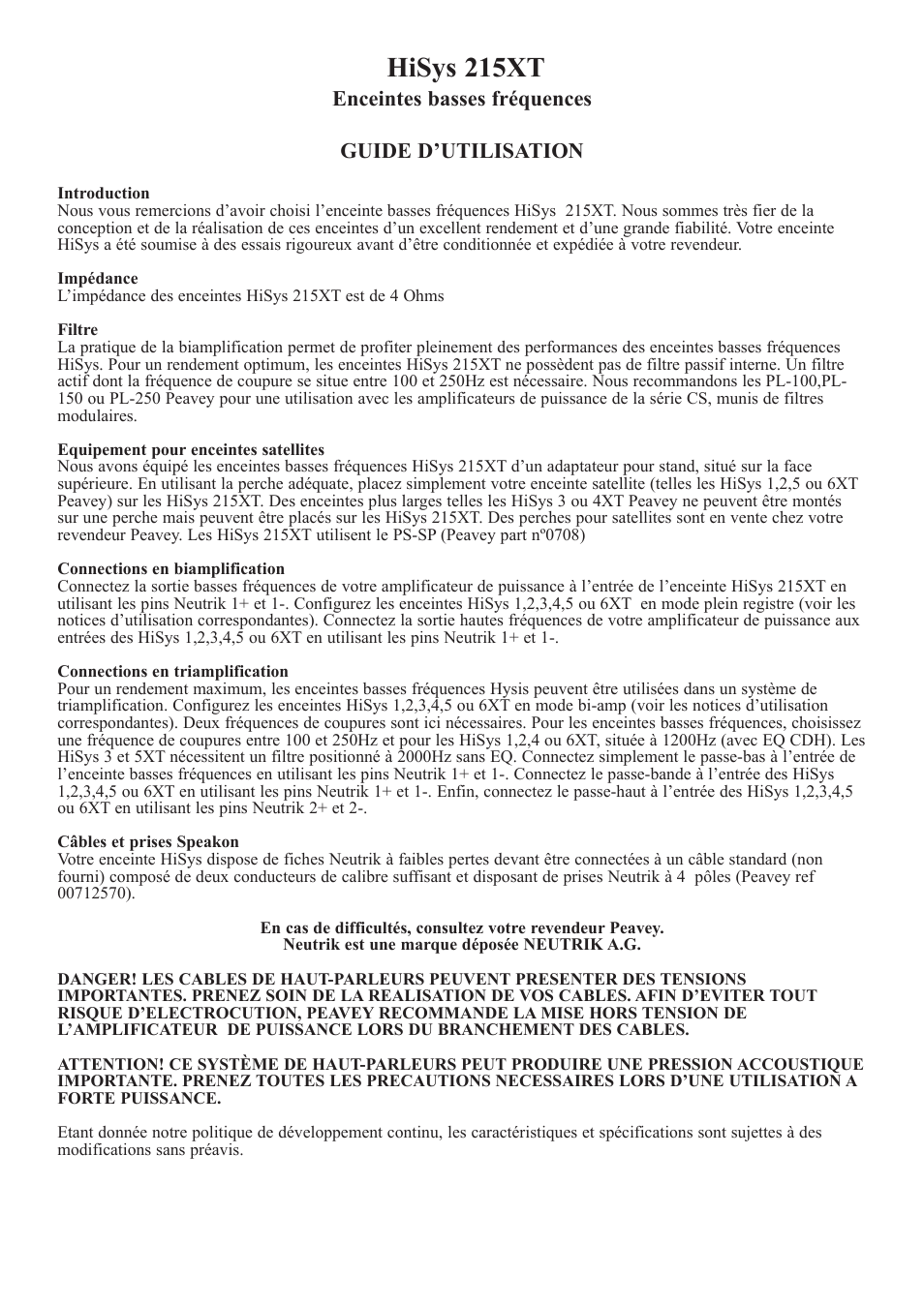 Hisys 215xt, Enceintes basses fržquences guide dõutilisation | Peavey 215XT User Manual | Page 3 / 6