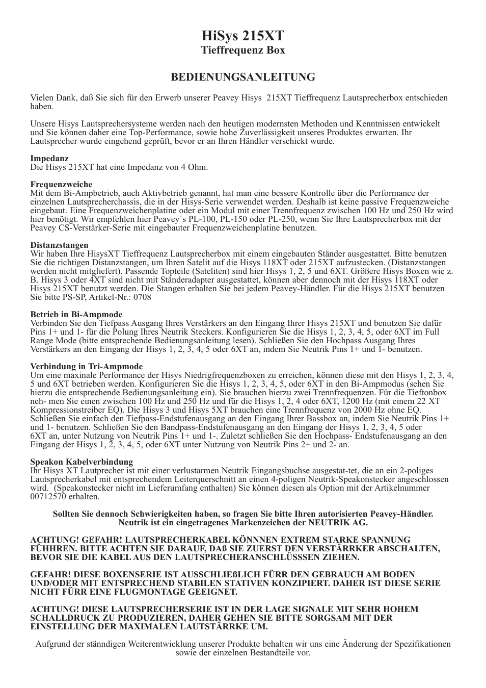 Hisys 215xt, Tieffrequenz box bedienungsanleitung | Peavey 215XT User Manual | Page 4 / 6