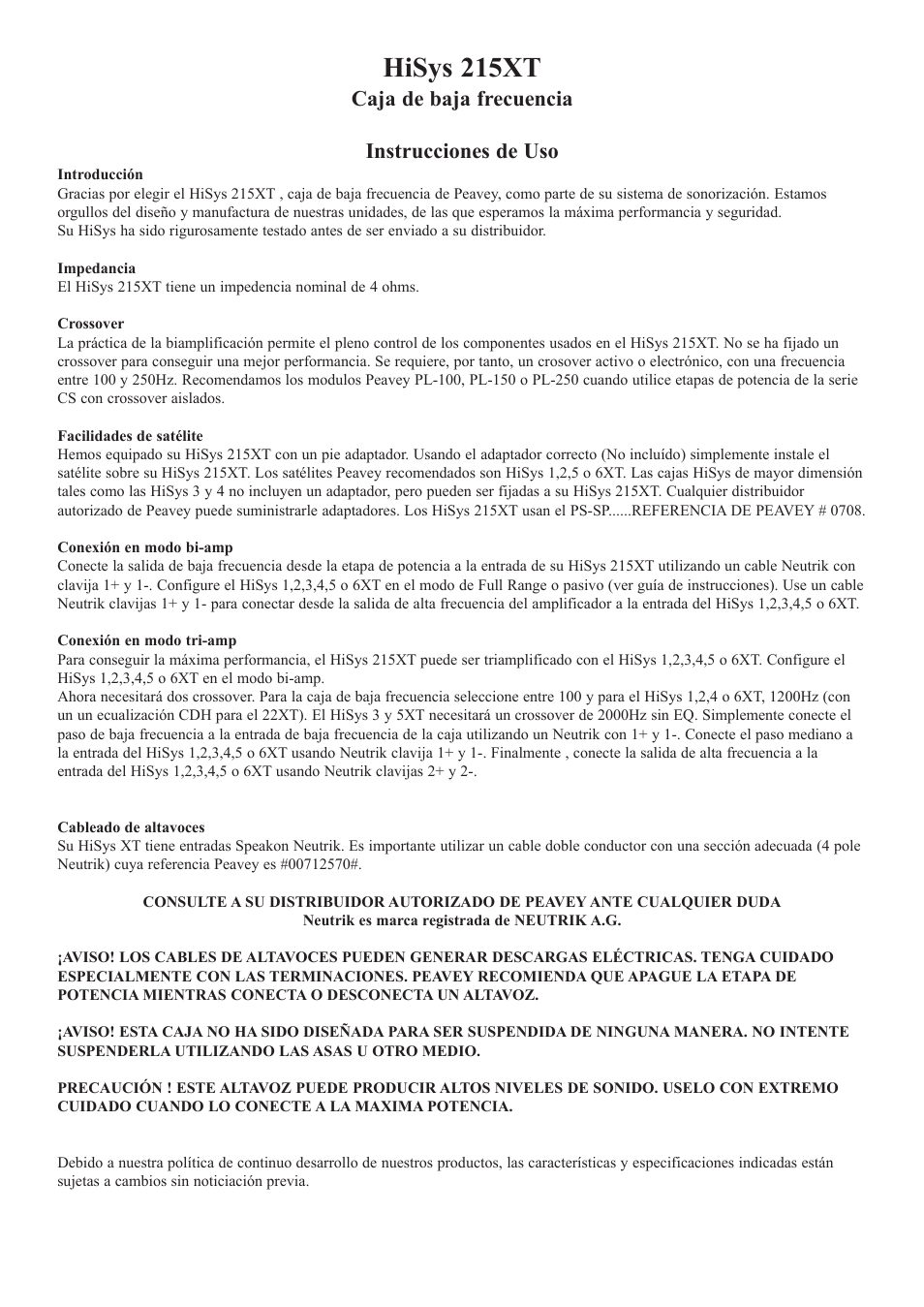 Hisys 215xt, Caja de baja frecuencia instrucciones de uso | Peavey 215XT User Manual | Page 5 / 6