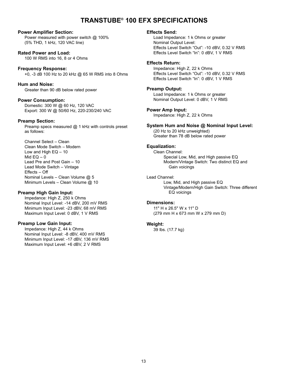 Transtube, 100 efx specifications | Peavey TransTube 100 EFX User Manual | Page 13 / 48