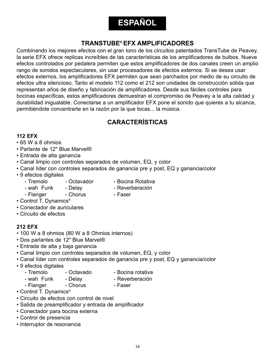 Español | Peavey TransTube 100 EFX User Manual | Page 14 / 48