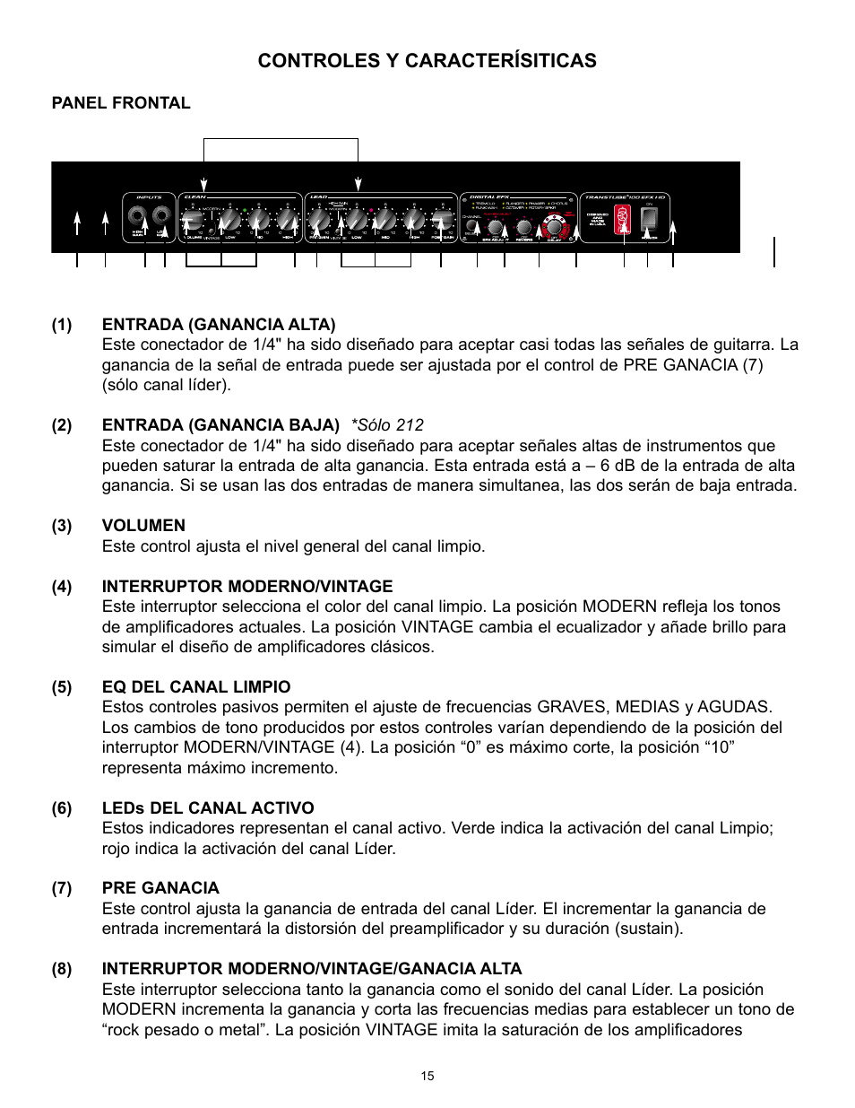 Controles y caracterísiticas | Peavey TransTube 100 EFX User Manual | Page 15 / 48