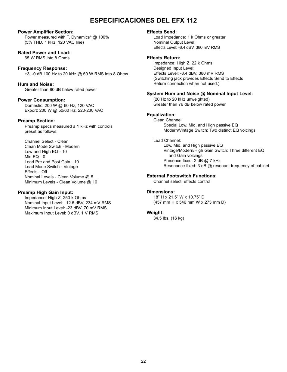 Especificaciones del efx 112 | Peavey TransTube 100 EFX User Manual | Page 22 / 48