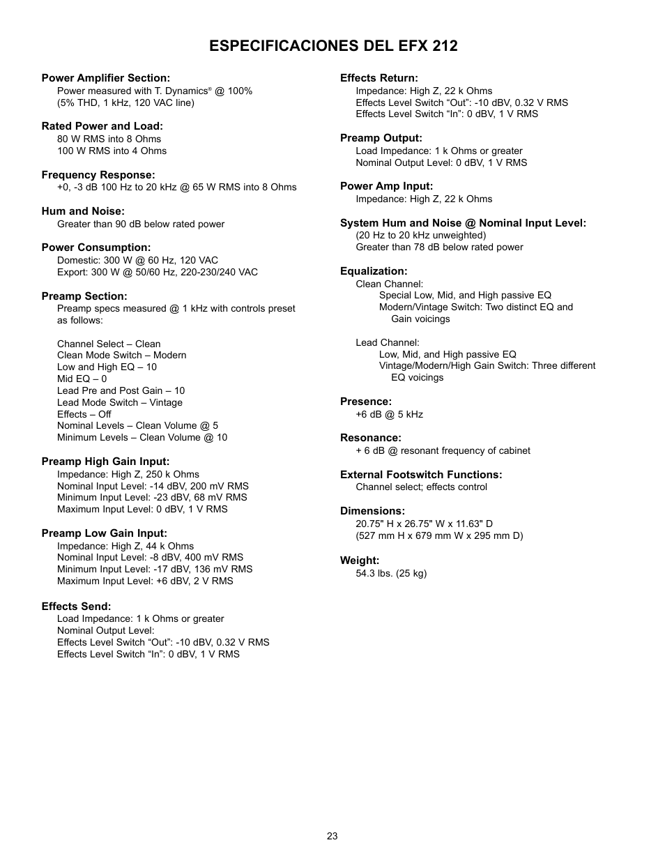 Especificaciones del efx 212 | Peavey TransTube 100 EFX User Manual | Page 23 / 48