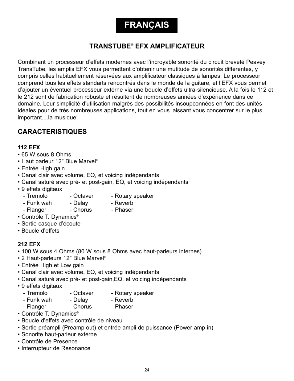 Français, Transtube, Efx amplificateur | Caracteristiques | Peavey TransTube 100 EFX User Manual | Page 24 / 48